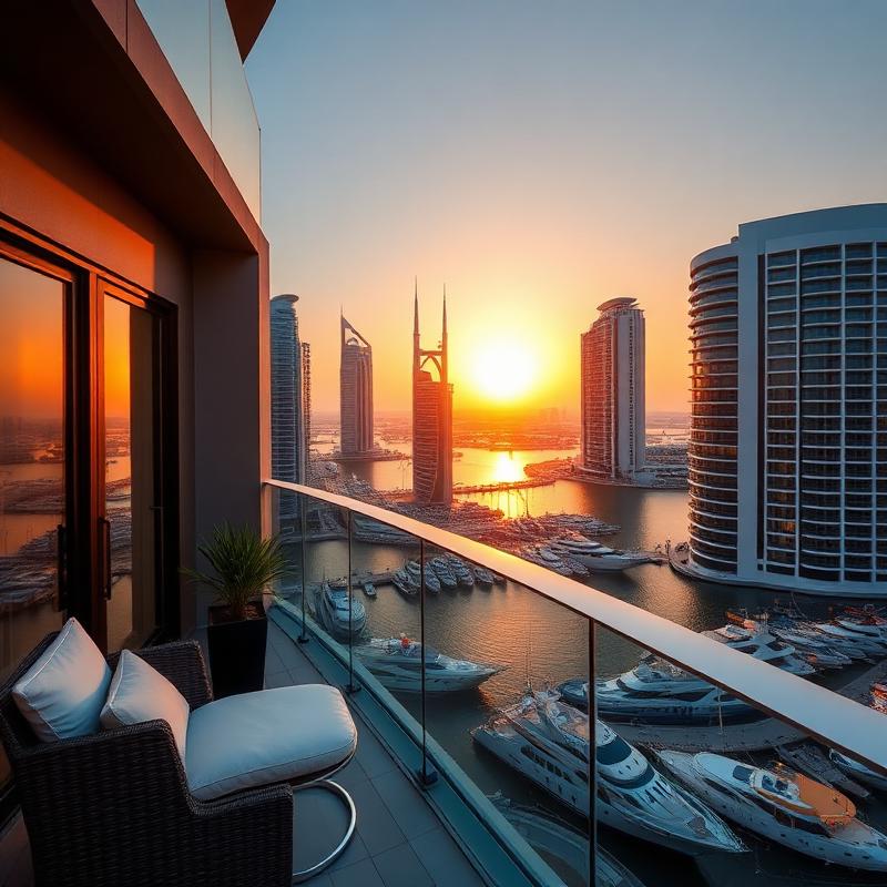 Dubai Marina balcony at sunset
