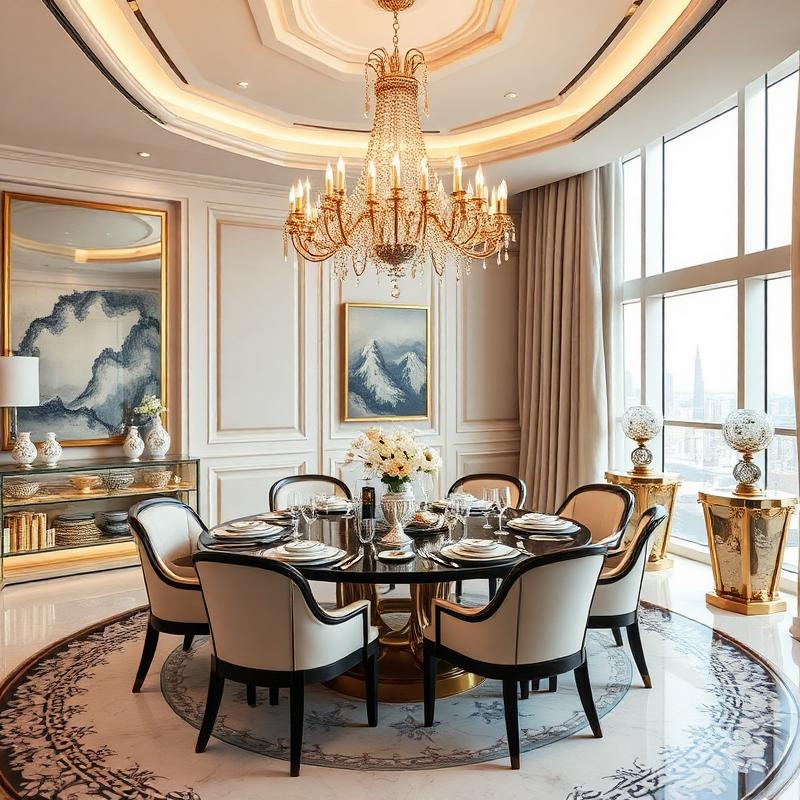 Penthouse dining room with chandelier
