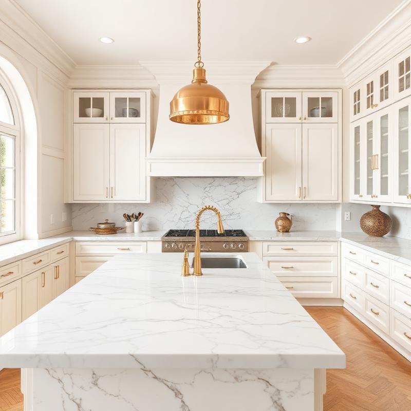 Marble kitchen island with brass pendants